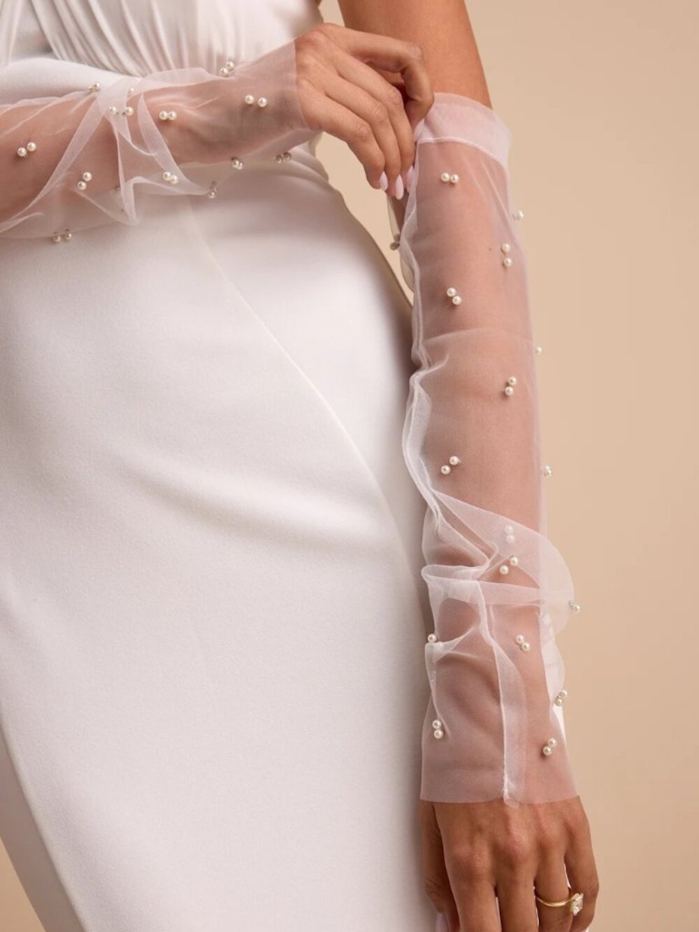 Lulus Danielli White Sheer Mesh Pearl Fingerless Gloves - Size One Size